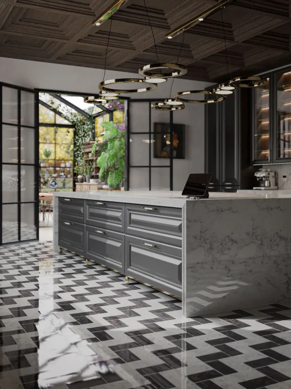 British Heritage Living – kitchen with island and greenhouse 1