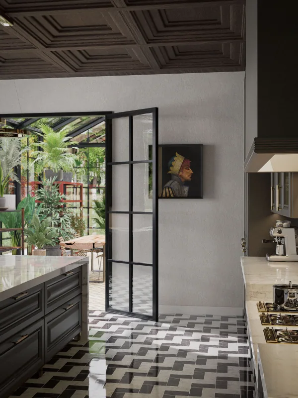 British Heritage Living – kitchen with island and greenhouse 2